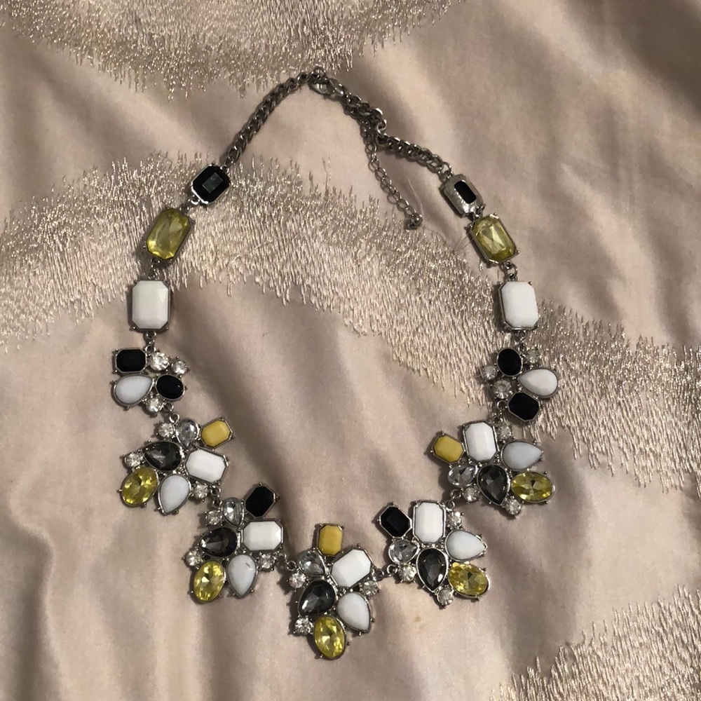 Silver necklace with yellow black & white stones